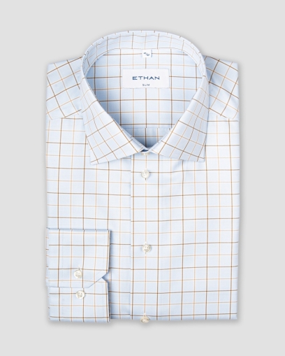 Camasa slim fit bleu cu carouri fine bej