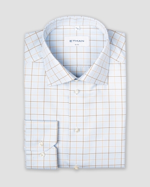 Camasa slim fit bleu cu carouri fine bej