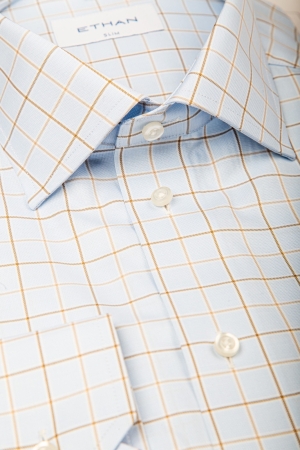 Camasa slim fit bleu cu carouri fine bej